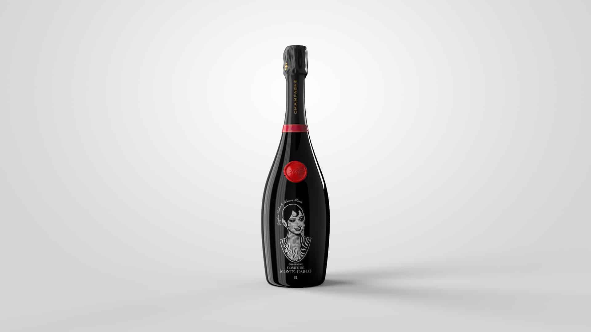 Bottle of Noblesse Oblige Champagne by Comte de Monte-Carlo with art from Marcos Marin